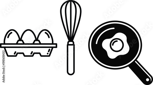 Minimalist cooking icons set with eggs in carton, wire whisk, and fried egg in frying pan. Black and white kitchen utensils vector illustration.