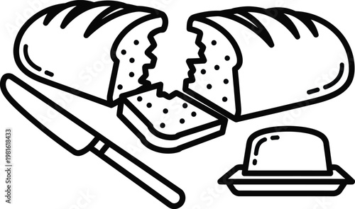 Minimalist bread loaf line art vector, sliced sourdough with butter and knife icon, bakery breakfast food illustration on white background