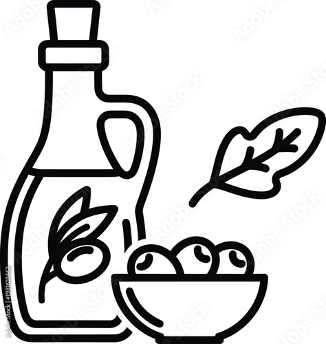 Olive oil glass bottle and bowl of olives line art vector, mediterranean food icon, organic extra virgin oil illustration for kitchen and menu design