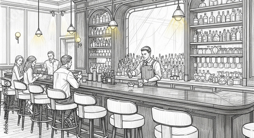 Sketch of a busy bar scene with patrons and bartender.