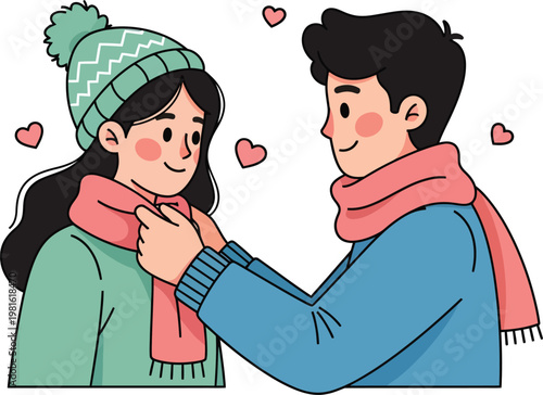 Romantic young couple in winter clothes, man adjusting scarf for woman, flat vector illustration of a loving pair with pink hearts