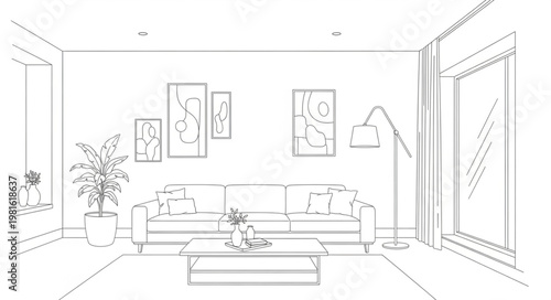 Sketch of a Cozy Living Room Interior with Natural Light.