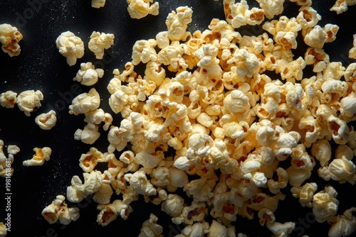 Heap of scattered, fluffy popcorn against a stark, shadowy black background