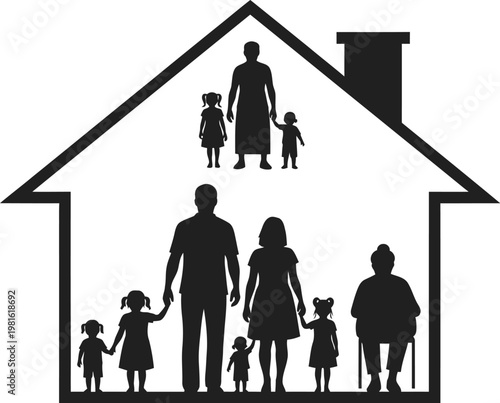 Large multi generational family silhouette standing together inside a house outline representing unity and strong connection for modern home life