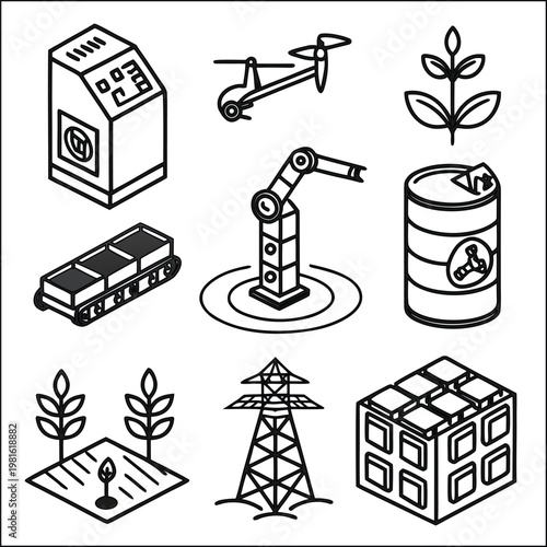 Remote work, travel icons, digital nomad symbols, business freedom illustrations, 4 elements