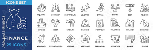 Finance Icon Set. With Icon finance, liquidity, solvency, profitability, leverage, capital, equity, debt, revenue, expense, asset and more. Line Icon Vector Illustration.