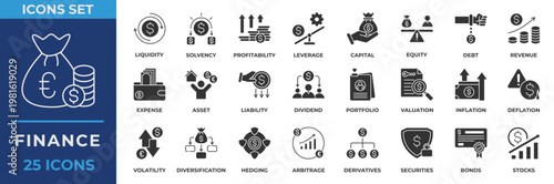 Finance Icon Set. With Icon finance, liquidity, solvency, profitability, leverage, capital, equity, debt, revenue, expense, asset and more. Solid Icon Vector Illustration.