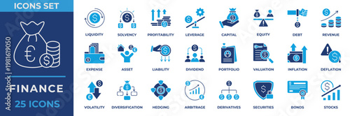 Finance Icon Set. With Icon finance, liquidity, solvency, profitability, leverage, capital, equity, debt, revenue, expense, asset and more. Flat Blue Icon Vector Illustration.