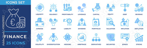 Finance Icon Set. With Icon finance, liquidity, solvency, profitability, leverage, capital, equity, debt, revenue, expense, asset and more. Blue Icon Vector Illustration.