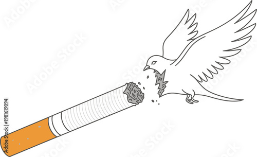White dove bird biting into a cigarette in this artistic line drawing representing the negative health impacts of smoking tobacco