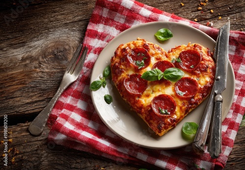 Heart-shaped pepperoni pizza on a plate, red gingham cloth, fork and knife beside