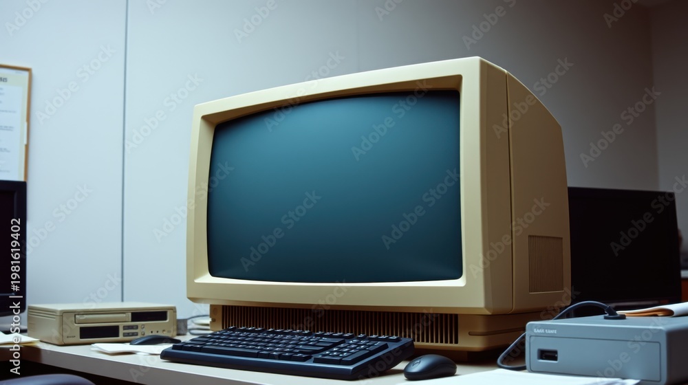 Fototapeta premium Vintage computer setup. Beige monitor, keyboard, mouse, peripherals present on desk. Simple office environment visible.