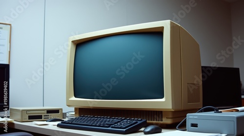 Vintage computer setup. Beige monitor, keyboard, mouse, peripherals present on desk. Simple office environment visible.