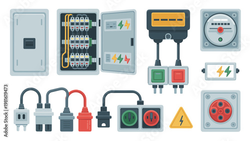 Electrical Distribution Box Flat Vector Icon Set  Power Panel, Circuit Breakers, and Energy Control