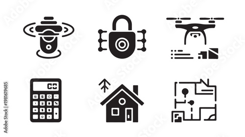 Business and Security Icons Set Featuring Drone Surveillance Real Estate and Finance Symbols