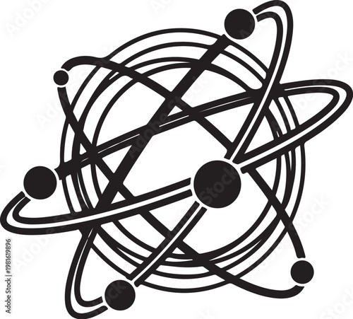 Black atom, atomic structure, science icon, vector illustration, educational symbol