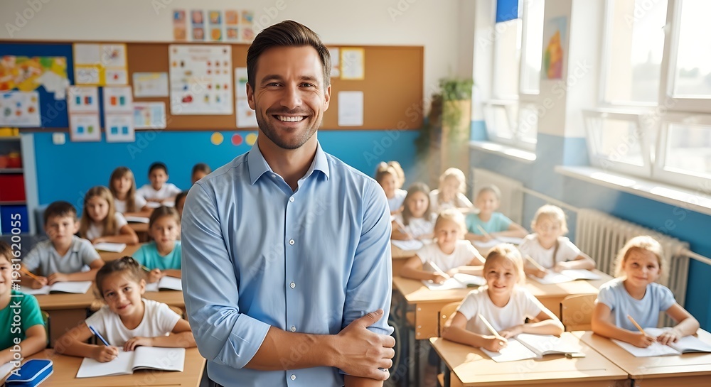 Fototapeta premium Smiling educator stands in a classroom filled with children at their desks, studying