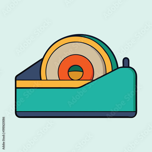 Illustration of a stylized tape dispenser with layered colorful adhesive tape