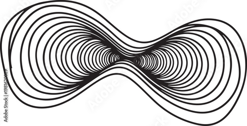 Black and white optical illusion, swirling vortex lines, abstract geometric shape, hypnotic spiral pattern
