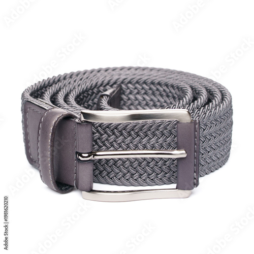 Gray Braided Belt with Leather Trim and Metal Buckle