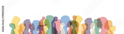 Social issues. Alienation of people. Loneliness in crowd. Persons alienation. Psychological problem. Mental disorder. Economic crisis. Group colored silhouette people from the side. People portraits. 