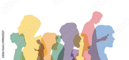 Social issues. Alienation of people. Loneliness in crowd. Persons alienation. Psychological problem. Mental disorder. Economic crisis. Group colored silhouette people from the side. People portraits. 