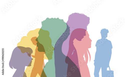 Social issues. Alienation of people. Loneliness in crowd. Persons alienation. Psychological problem. Mental disorder. Economic crisis. Group colored silhouette people from the side. People portraits. 