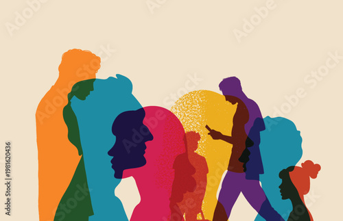 Social issues. Alienation of people. Loneliness in crowd. Persons alienation. Psychological problem. Mental disorder. Economic crisis. Group colored silhouette people from the side. People portraits. 