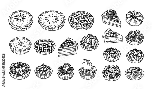 SEO Title
Hand drawn fruit tart and pie outline collection bakery dessert line art vector isolated on white background