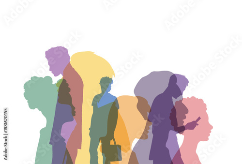 Social issues. Alienation of people. Loneliness in crowd. Persons alienation. Psychological problem. Mental disorder. Economic crisis. Group colored silhouette people from the side. People portraits. 