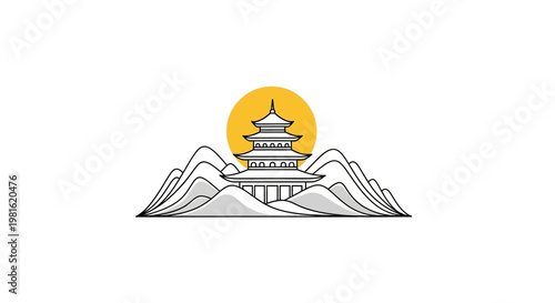 Chinese Pagoda Mountain Landscape Icon.