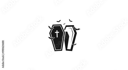 Coffin with cross and bats.