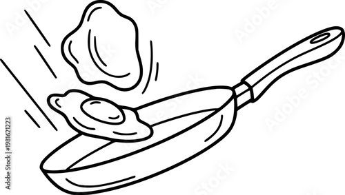 Hand drawn of fried eggs cooking in a pan with motion lines food breakfast