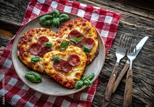 Heart-shaped pepperoni pizzas on a plate with red checkered napkin and silverware