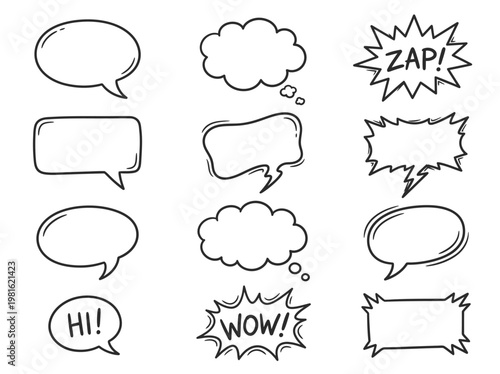 Comic book speech bubbles and thought clouds with emotive expressions in a dynamic artistic style for storytelling and dialogue in digital comics or graphic novels