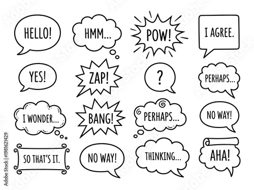Black and white comic book speech bubbles with various phrases and exclamations in a hand-drawn artistic style on a white background for dialogue expression