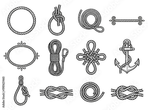 Set of nautical rope knots and anchors in vintage line art style for decoration and design, including coils, hooks, and fasteners on white background.