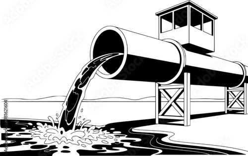 Industrial pipe discharging dark liquid into water, creating pollution and environmental impact