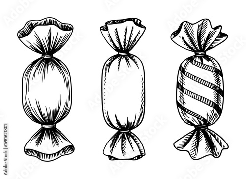 Hand-drawn of wrapped candies a white background, with stripes candy sweet confection