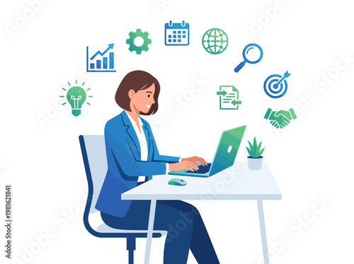 A focused businesswoman in a blue suit sitting at a desk with a laptop, surrounded by floating productivity and strategy icons, representing planning and analysis in a modern workspace.