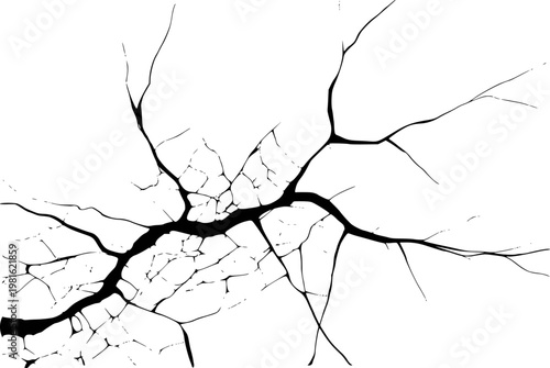 Black abstract crack pattern white background, representing fracture and damage
