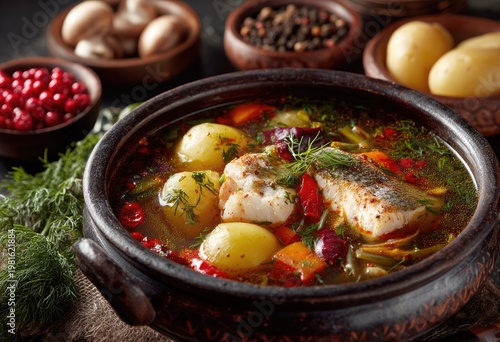 Hearty fish soup with potatoes, vegetables, and herbs in a brown, rustic bowl