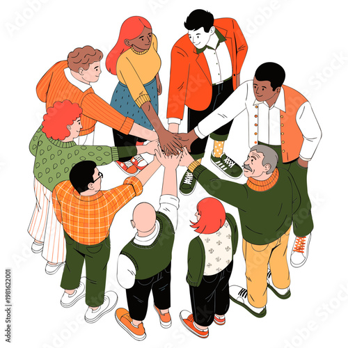Diverse group of people joining hands in unity and teamwork