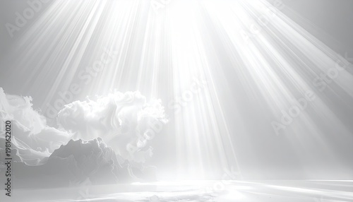 Heavenly beams illuminate clouds with bright, ethereal light in monochromatic tones