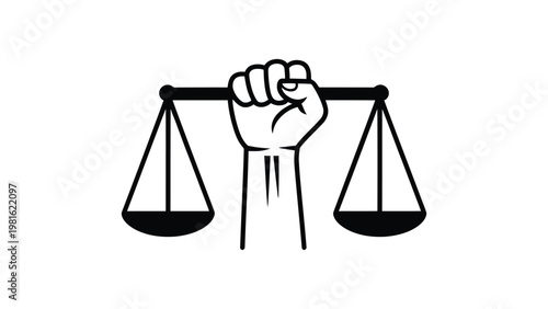 Justice and human rights concept with a raised fist holding scales of justice, legal empowerment and civil rights protest vector illustration isolated on white background.