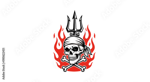 Pirate Skull with Trident and Flames - Nautical Symbolism