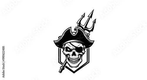 Pirate Skull with Trident and Hat - Nautical Emblem Design
