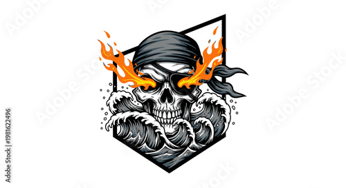 Pirate Skull with Waves and Flames - Nautical Emblem Design
