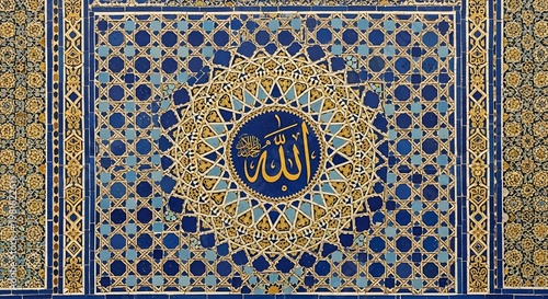 Intricate blue and gold islamic geometric pattern with arabic calligraphy design element