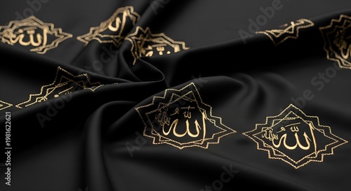 Black fabric with gold arabic calligraphy embroidery on a luxurious texture